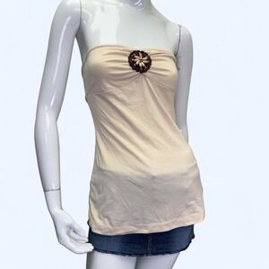 Cream Strapless Ruched Tube Top w/ Floral Beaded Detail Y2K